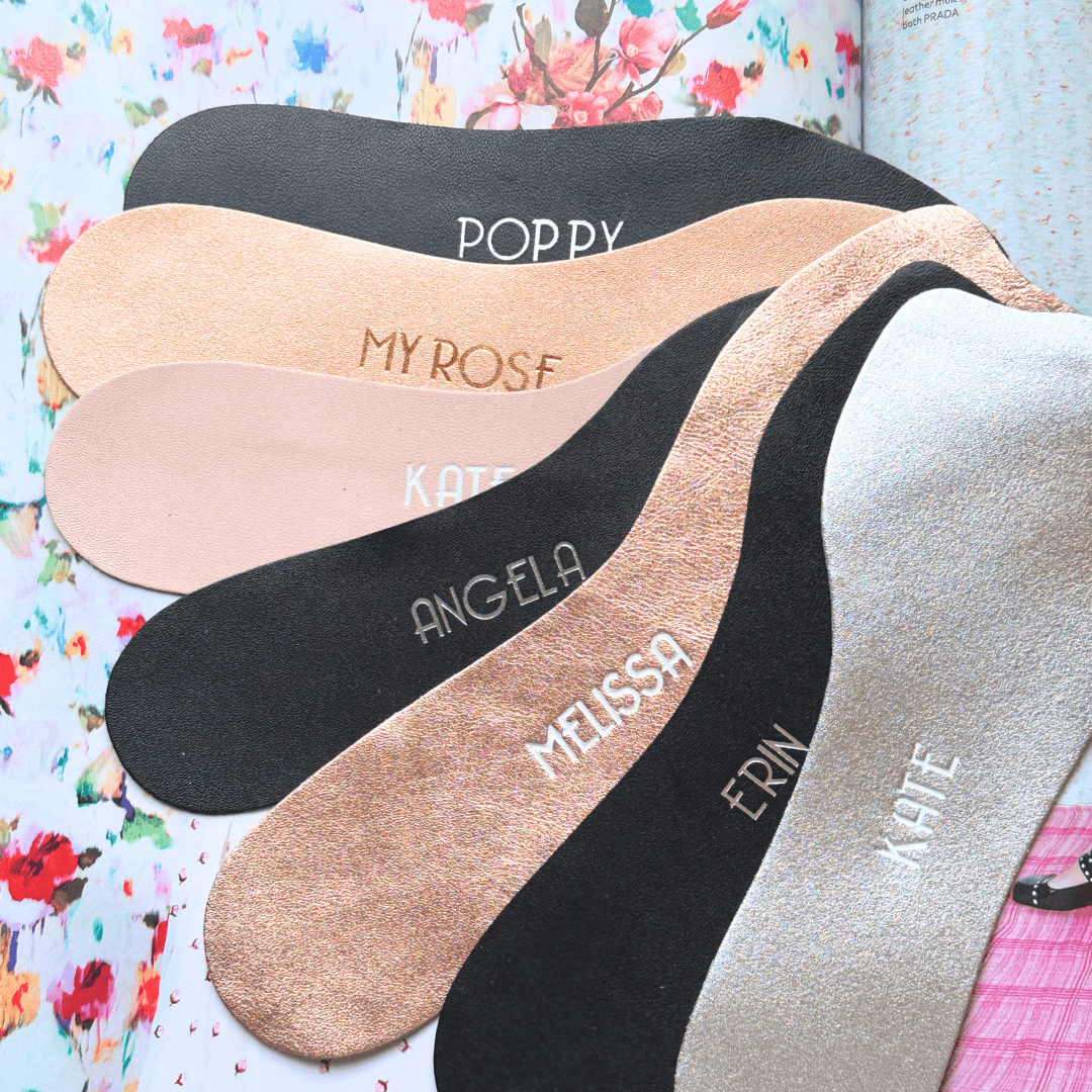 Alice Bow Personalised Luxury Leather Insoles for high heel comfort in a variety of colours and your own name