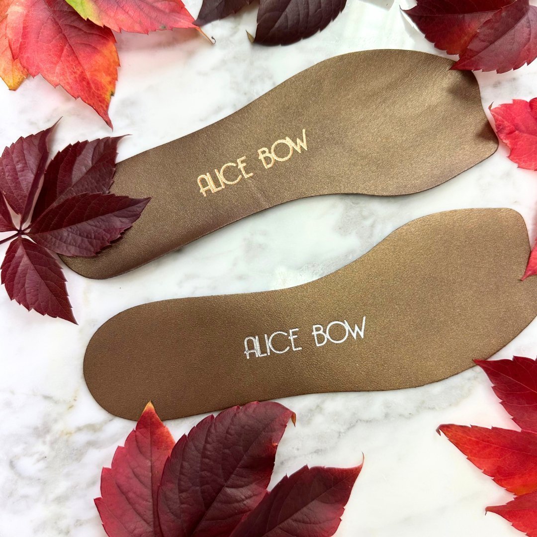 Alice Bow Insoles for High Heels and Flats in shimmery chestnut brown leather
