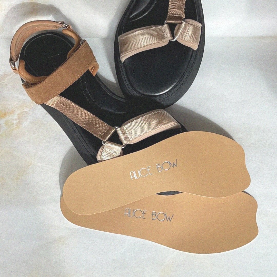 Alice Bow Heel Support Insoles for Flat Shoes Perfect Tan with heel pads useful for plantar fasciitis and sore heels