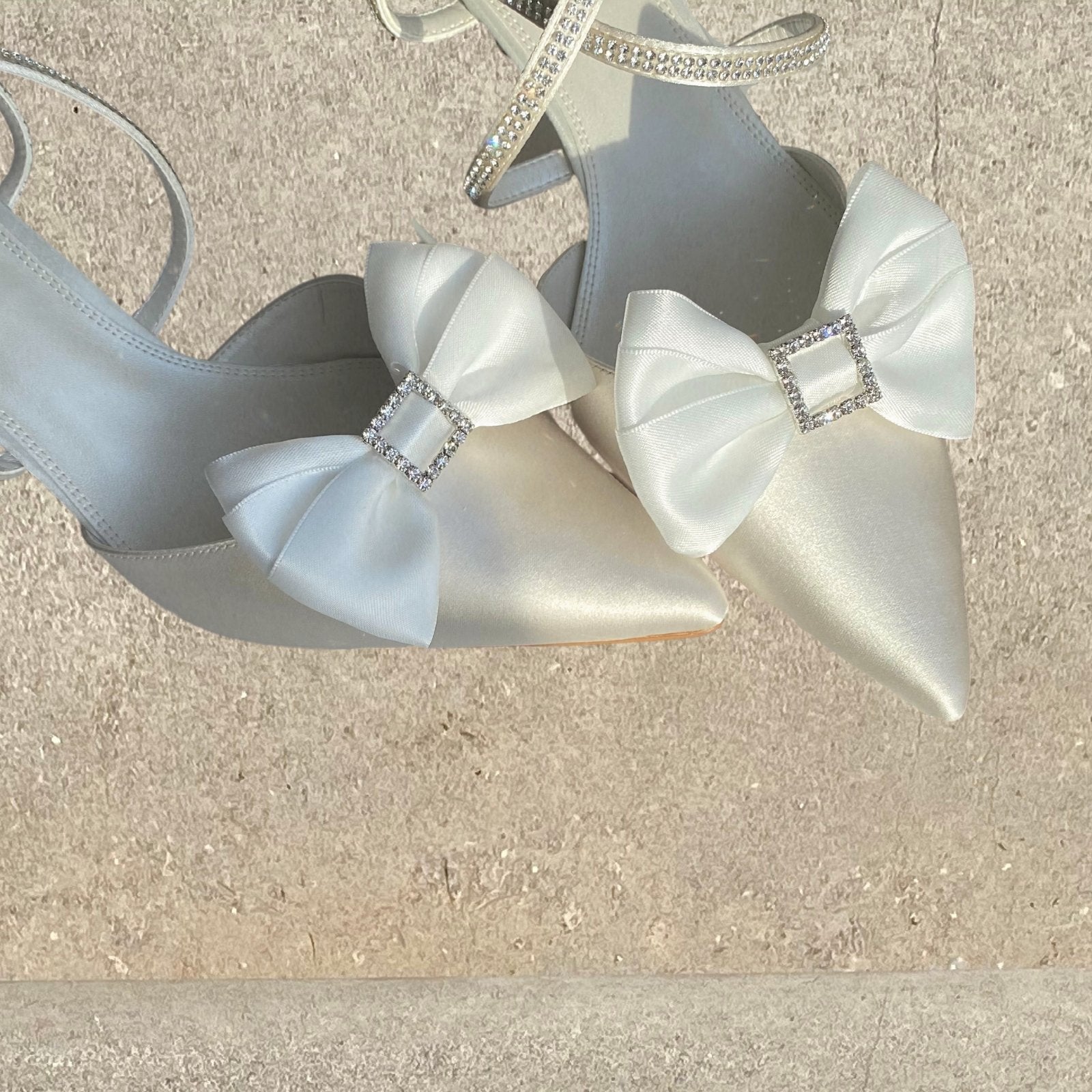 Alice Bow Bridal Shoe Clip - White Satin and Diamante Bow Shoe Clips